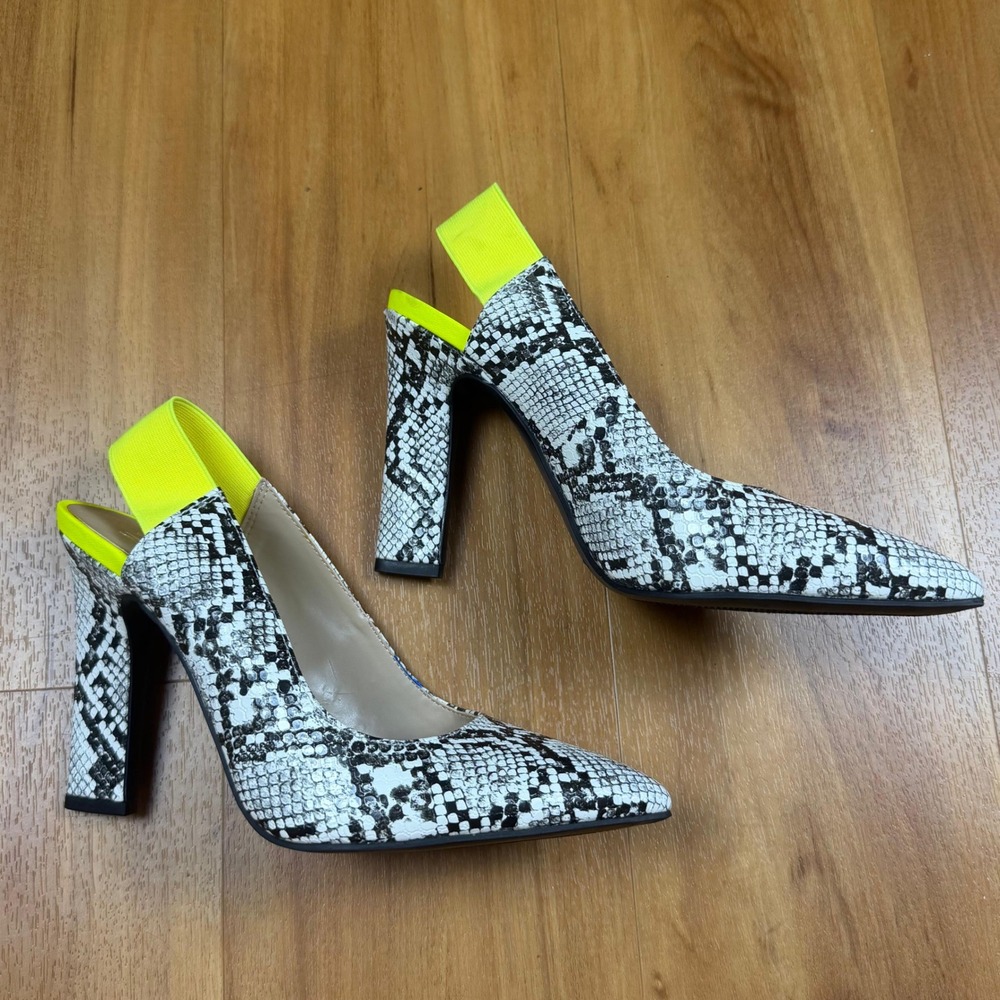 Mix No. 6 Larina Snakeskin Neon Yellow Slingback Block Heel Pumps‎ Womens 7M